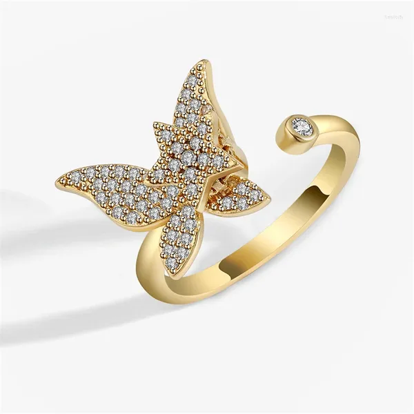Anéis de cluster Kofsac Luxo Full Zircon Golden Butterfly Rotatable Star Ring 925 Sterling Silver Jóias para Mulheres Presentes do Dia dos Namorados