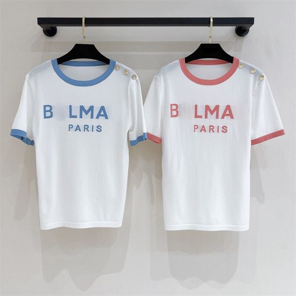 T-shirt da donna firmata top estivo moda americana girocollo a contrasto con lettere colorate ricamate e bottoni larghi e casual minimalisti