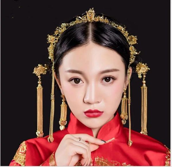 Başlıklar Çin Düğün Gelin Headdress Saç Tasseli Püskül Küpe Seti Gelinlik Kostüm Gösterisi Kimono Longfeng Takı