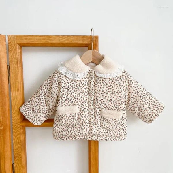 Jaquetas moda bebê menina roupas de inverno jaqueta grossa cordeiro renda gola infantil criança criança quente floral casaco outwear algodão 0-3y