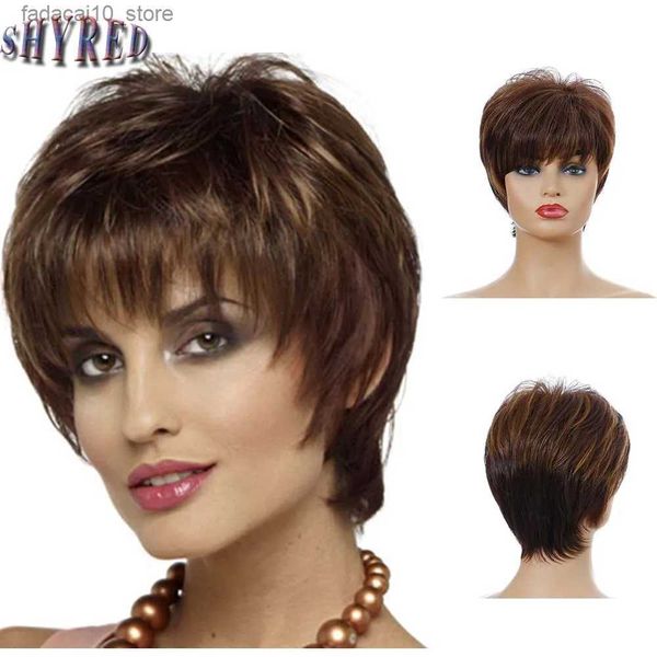 Perucas sintéticas senhora curto ombre marrom perucas sintéticas com franja para mulheres pixie penteado cosplay natural olhando falso perucas de cabelo q240115