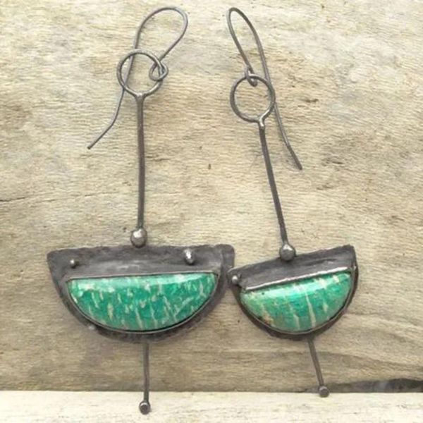 Dangle Brincos Estilo Étnico Haste Longa Semicírculo Verde Azul Resina Para Mulheres Vintage Antigo Metal Artesanal Brinco Jóias