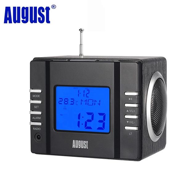 Radio August Mb300h Mini Wood FM-klokradio-ontvanger met mp3-stereosysteem 2 x 3w Hifi-luidspreker met SD-kaart / USB in / aux in