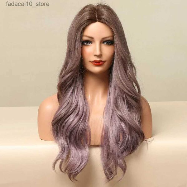 Perucas sintéticas moda feminina comprimento médio marrom misturado roxo perucas de cabelo encaracolado franja festa cosplay peruca q240115