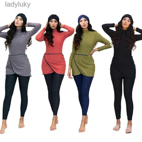 Schwimmen Tragen Muslimische Bademode Frauen Modest Patchwork Hijab Lange Ärmel Sport Badeanzug 3 stücke Islamischen Burkinis Tragen Badeanzug 4XLL240115