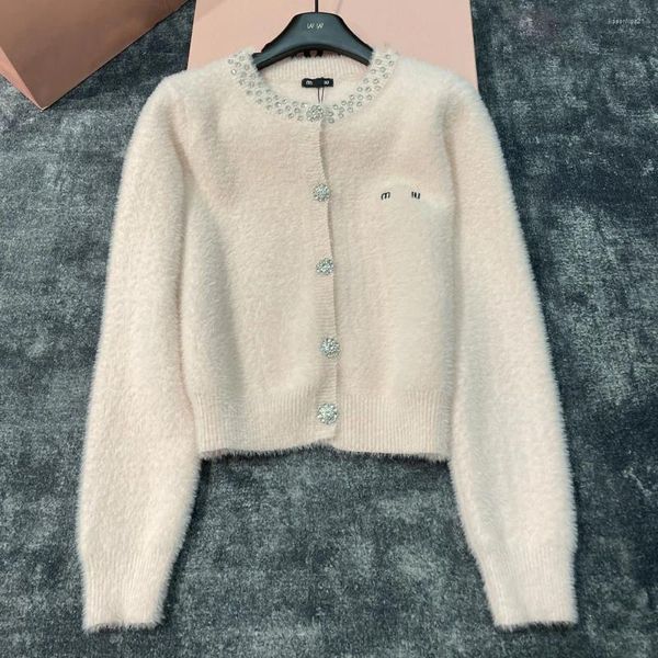 Mulheres malhas outono camisola cardigan água diamante botão bordado carta no peito pesada indústria máquina roupas