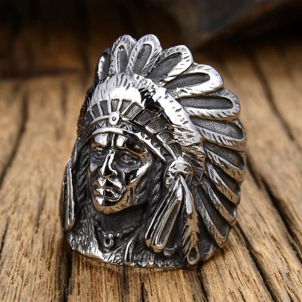 Detaillierter Indian Chief Ring für Herren aus 14 Karat Weißgold, Biker-Ring für Männer, riesige Punk-Hip-Hop-Ringe, bestes Geschenk für Freunde