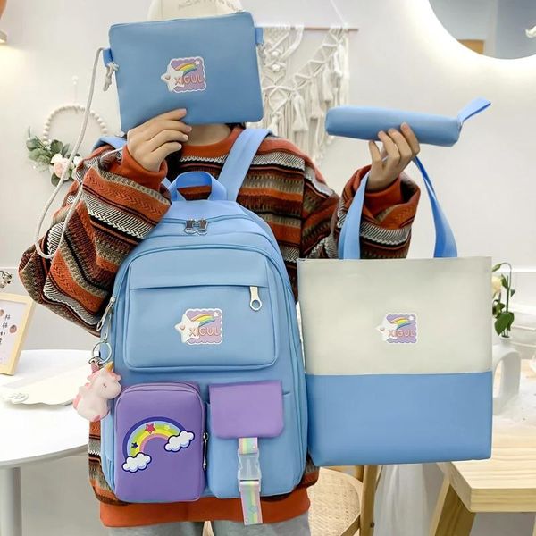 Сумки, комплект из 4 предметов, рюкзак, модный студенческий рюкзак с радужным принтом, школьные сумки с панелями для девочек-подростков, милые аксессуары с единорогом, сумки