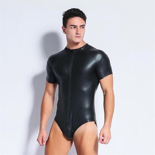 Plus size S-3XL preto sexy masculino couro bodysuit pu látex catsuit masculino lingerie sexy couro patente collant de uma peça gay wea2647