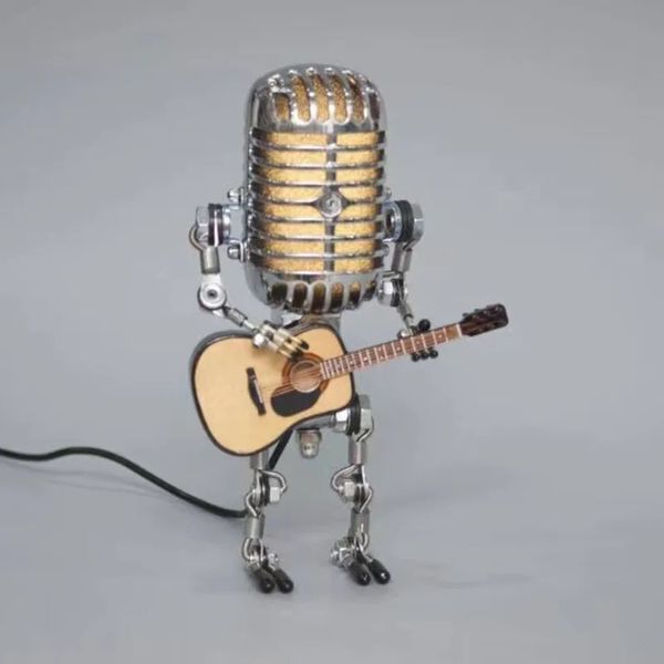 Ana Sayfa Dekorasyon Lambası Retro Vintage Metal Mikrofon Robot Dokunmatik Döküm lambası Stand LED Gitar Lambası Robot Masası Güneş Lambası 240113