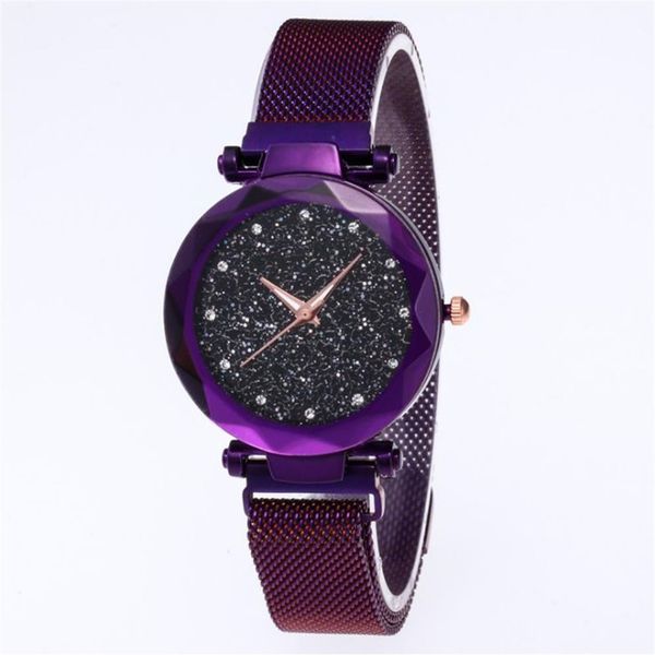 Diamante estrelado céu dial relógio bonito roxo quartzo feminino relógio senhoras relógios moda mulher casual relógios de pulso346h