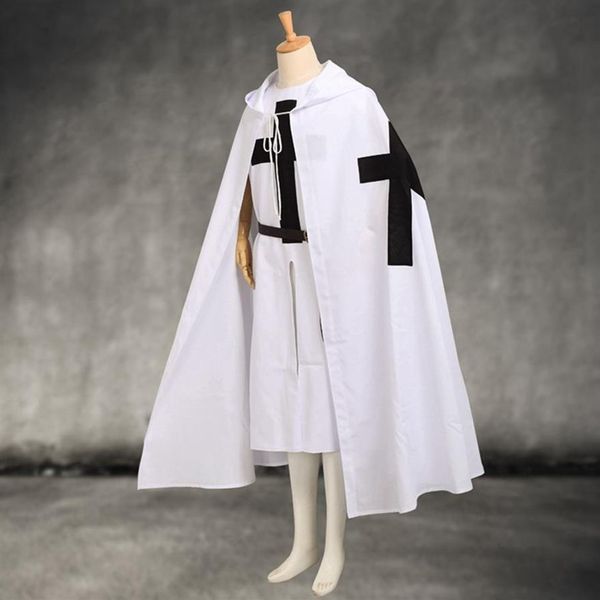 Medievale Cavalieri Templari Mantello Set Cosplay da uomo Guerriero bianco Larp Costume Tunica CAPO Croce nera Stampa Ouitfit292q