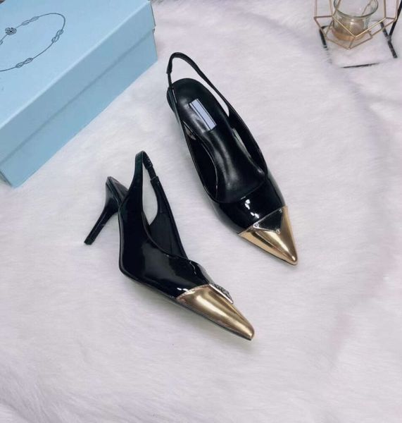 Yüksek Topuk Tasarımcı Ayakkabı Kadın Slingback Pompaları Sandalet Lady Platform Elbise Saçlı Ayak Parçaları Altın Üçgen Metter Mektup Patent Deri Siyah Beyaz Arka Kayışlar 45