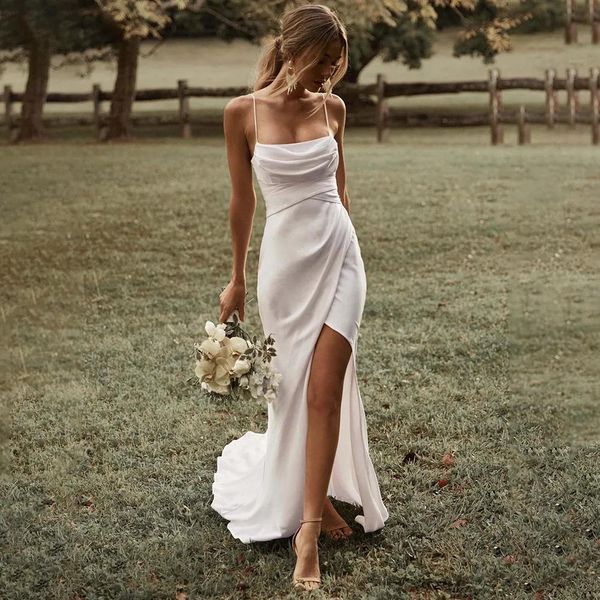 Abiti semplice sirena bianco abito da sposa senza spalline fessura alta 2022 raso backless semplice abito da sposa Sweep Train Vestido de Novia