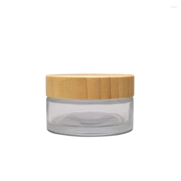 Frascos de armazenamento 6 peças 100g creme de vidro transparente cosméticos recarregáveis tampa de madeira de bambu vazio frascos de cuidados com a pele potes cosméticos 3oz