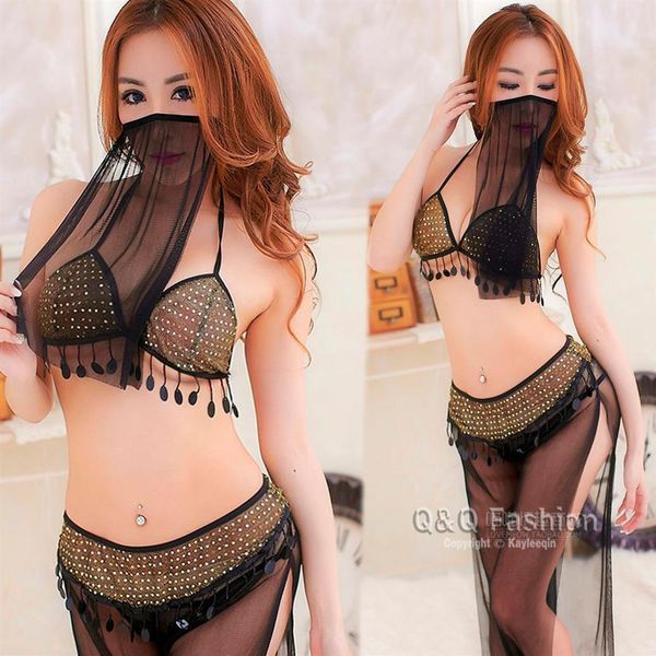 Frauen Arabischen Orientalischen Bauchtanz Schleier Bh Tanga Hosen Kostüm Body Latex Erotische Dessous Lenceria Sexy Offenen Bh Kostüme2519