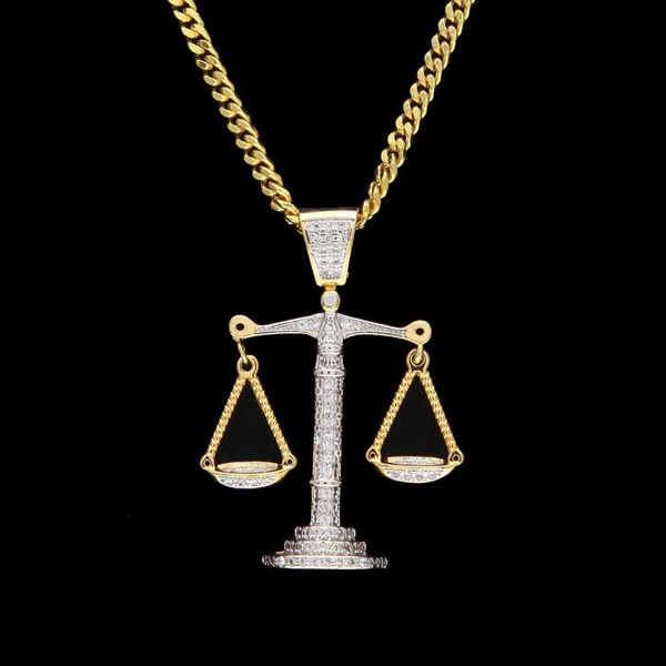 Iced Out Zircon Balance Libra Escala Pingente Prata Ouro Material Cobre Mens Hip Hop Colar Chain274C