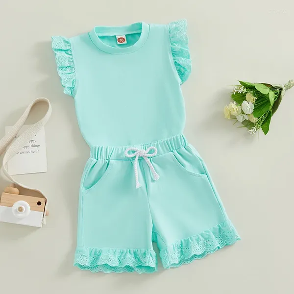 Kleidungssets für Babys, Mädchen, Sommer-Outfit, Ärmel, Rundhalsausschnitt, einfarbig, T-Shirt, Rüschen, Shorts, Säugling, Kleinkind, Loungewear-Anzug