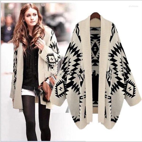 Chandails pour femmes Ins vente Europe hiver frontière longue diamant Jacquard tricoté Cardigan pull manteau beau modèle