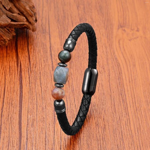 Braccialetti con ciondoli Bracciale geometrico in pelle fatto a mano con perline di cristallo Bracciale classico in acciaio inossidabile con ematite magnetica Gioielli di alta qualità Homme