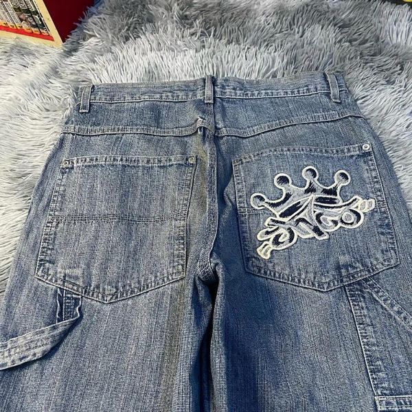 Jeans da donna Streetwear JNCO Baggy Y2K Harajuku Hip Hop Corona grafica ricamo retrò blu uomo donna pantaloni larghi gotici