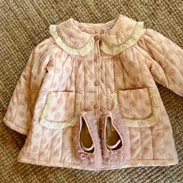 Giacche Felpe con cappuccio Autunno Inverno Dolce Bambina Stampa floreale Pizzo Risvolto Parka Sciolto Bambini Cotone Casual Top Cappotto Bambino Addensare Giacca caldaL240115