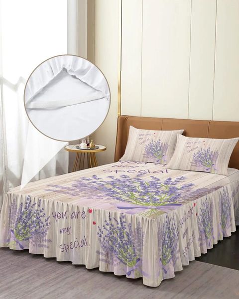 Gonna da letto Copriletto elasticizzato con struttura in legno vintage color lavanda con federe Coprimaterasso