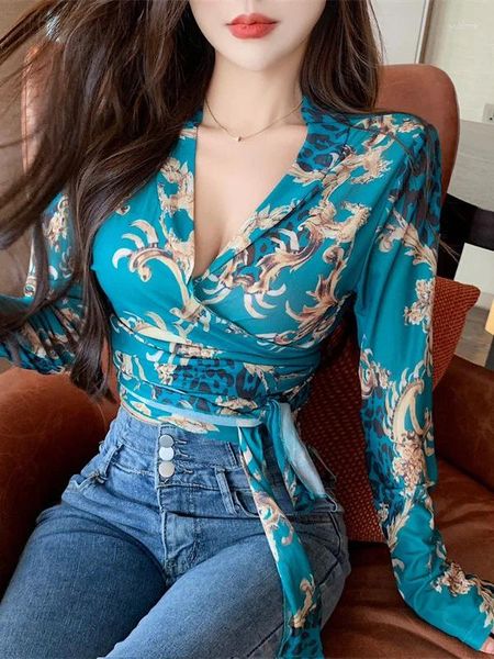Blusas femininas camisa de renda fina estilo puro charme maduro magro macio romântico v pescoço de manga comprida malha curta 90j8