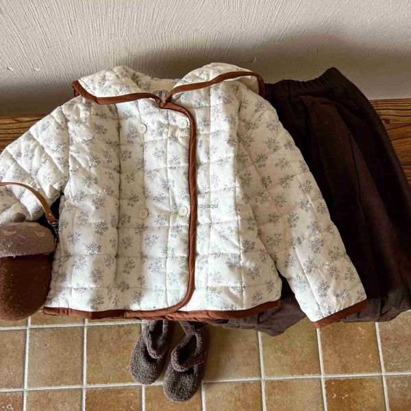 Giacche Felpe con cappuccio Autunno Inverno Ragazza Bambini Colletto blu scuro Stampa floreale Cappotto in cotone Baby Plaid Addensare maniche lunghe Parka Retro Kid Giacca casualL240115