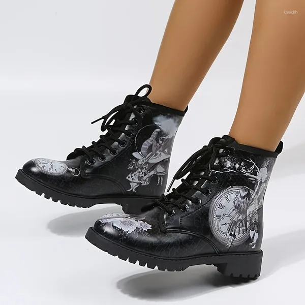 Botas femininas estilo gótico anti-skid combate redondo dedo do pé lace up bloco sapatos de motocicleta