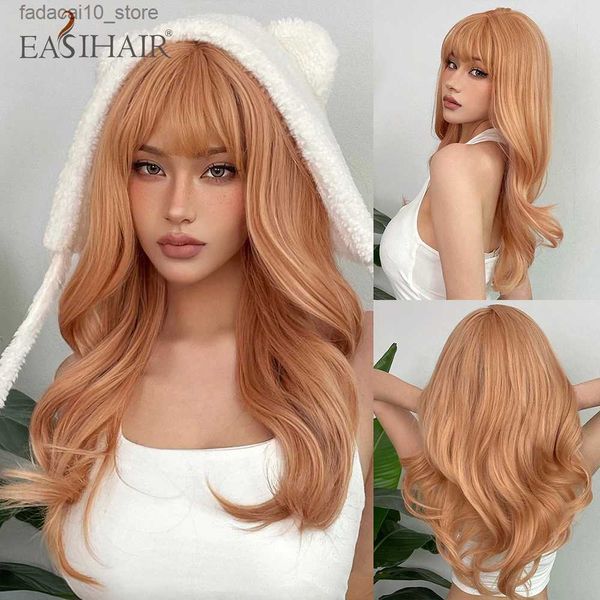 Parrucche sintetiche EASIHAIR Parrucche sintetiche arancione chiaro Parrucche lunghe ondulate Ombre Parrucche di capelli naturali con frangia per le donne Parrucca Lolita Cosplay Resistente al calore Q240115