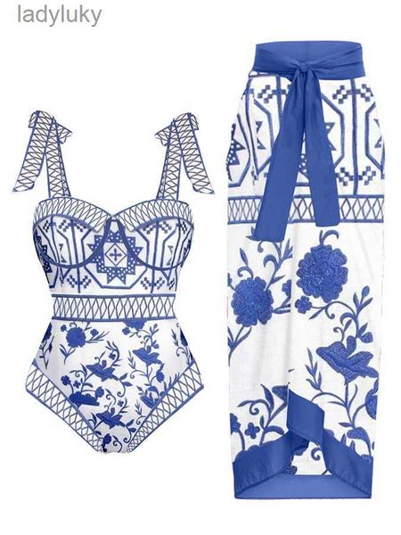 Swim Wear 2023 Vintage Colorblock Floral Imprimir One Piece Swimsuit Cover Up Mulheres Azul Lace Up Swimwear Chic Bikini Banheira Terno BeachwearL240115
