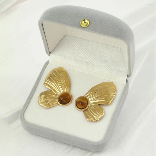 Orecchini a bottone Unico ciondolo a farfalla con occhio di tigre da donna Raffinato orecchino in pietra naturale color oro 18 carati in acciaio inossidabile