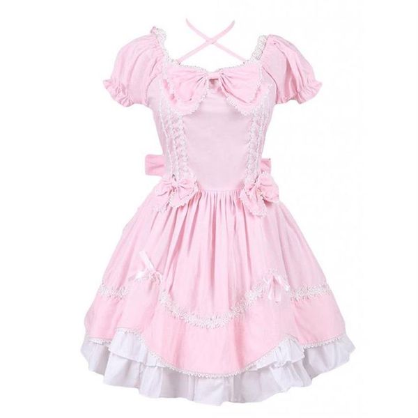 Pode ser personalizado 2018 rosa e branco manga curta laço com gravata gótico vitoriano lolita vestidos para mulheres customizados275s