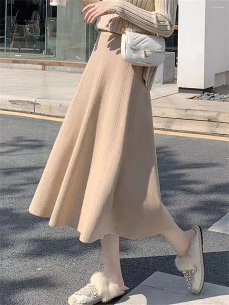 Saias coreanas midi de malha longa 2024 mulheres outono inverno moda elegante plissado senhoras casual solto a-line saia