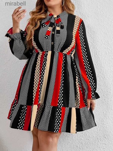 Abiti casual di base Abito plissettato in poliestere con fiocco per le donne Taglie forti Motivo a pois vintage Elegante e carino a maniche lunghe Casual economico Estate 2023 YQ240115