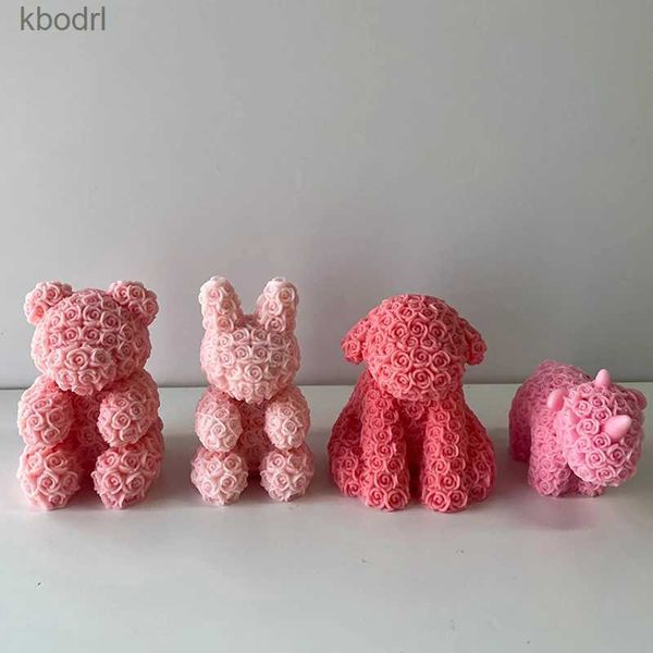 Strumenti artigianali 3D Rosa Animale Candela Stampo in silicone Fatto a mano Unicorno Coniglio Orsacchiotto Candela Kit per fare candele Fai da te Gesso Resina Sapone Strumenti per torte YQ240115