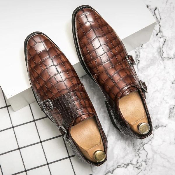 Модельные туфли-монки из искусственной кожи с узором камня и двойной пряжкой на низком каблуке, в деловом стиле, удобные мужские туфли, большие размеры 38-48