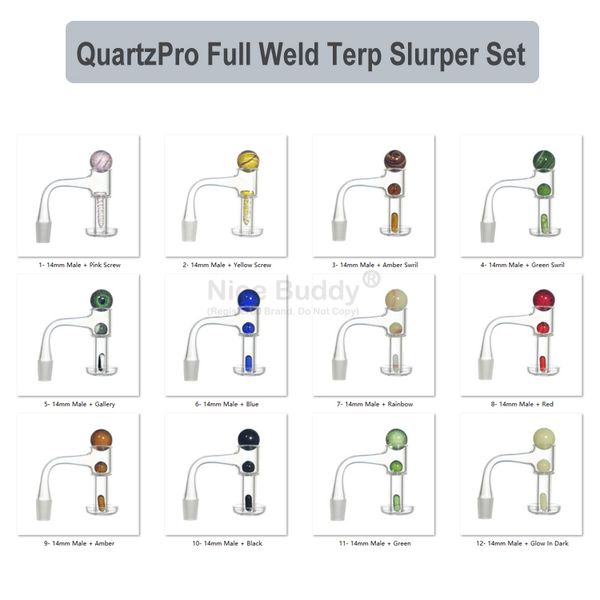 10mm 14mm Full Weld Terp Slurper Banger con perline di marmo rotanti - Nice Buddy Weldless Neck Quartz Smoke Pipe Glass Dab Rig Water Bong Nail Accessori Set