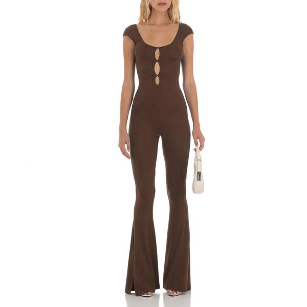 Imcute Volledige lengte jumpsuit voor dames Effen kleur Uitsparing voorkant Kapmouw Flare broek speelpakje Clubwear Lange broek rompertjes 240115