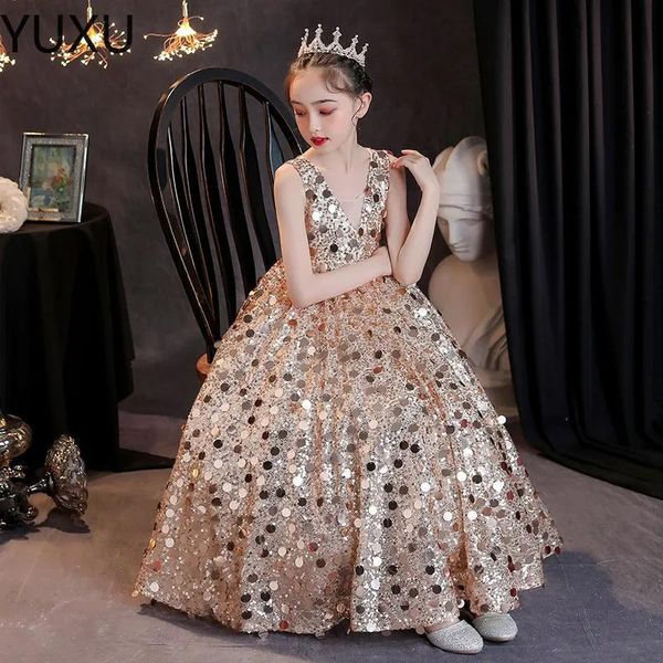 Kleider 2023 Gold Kristall Blumen Mädchen Kleid Festzug Kleider Ballkleid Perlen Blingbling Kleinkind Säuglingskleidung Kleine Kinder Prinzessin Geburt