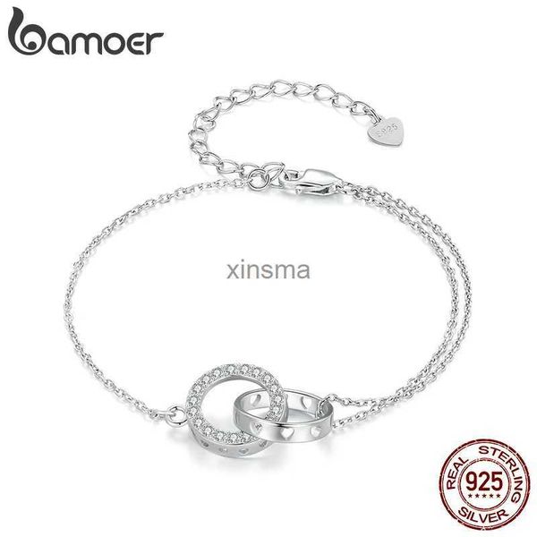 Corrente Bamoer 925 prata esterlina duplo círculo pulseira eternidade ajustável elo de corrente banhado a platina para mulheres presente de dia dos namorados YQ240115