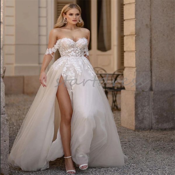 Fora dos ombros vestido de casamento de conto de fadas 2024 coxa alta fenda boho vestido de noiva elegante uma linha tule renda país boêmio vestidos de noiva elegante robe de mariee civil