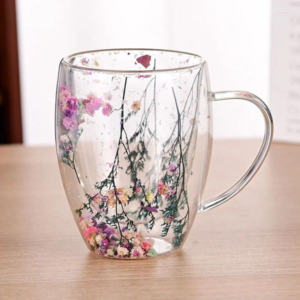 Weingläser mit getrockneter Blumenfüllung, doppelwandiger Glasbecher, tropisch beständiger Griff, Kaffee, Tee, Milchbecher, Geschenk zum Trinken