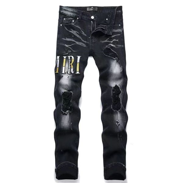 New Street Herren Perforierte Jeans Gesticktes Kreuz Mode Hip Hop Enge Mid Rise Herren Trendige Freizeitjeans