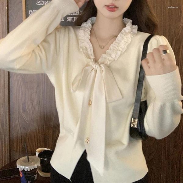 Frauen Strick Koreanischen Stil Herbst Und Winter Bogen Gestrickte Mantel Süße Chic Designl V-ausschnitt Kurze Pullover Strickjacke Mode Top