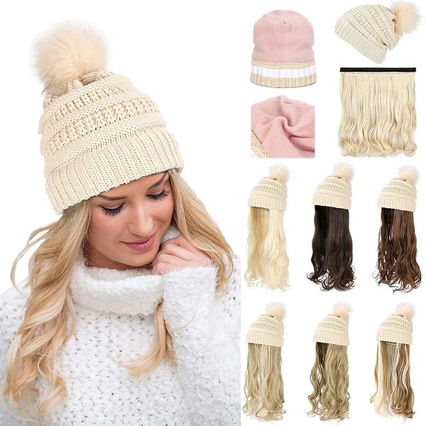 Shangzi chapéu peruca sintética longo ondulado perucas branco mais veludo boina chapéu de malha moda preto outono inverno boné peruca de cabelo extensions240115