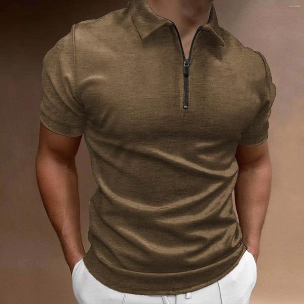 Мужские футболки Мужская молния с коротким рукавом Топ Tie Dye Сплошной цвет с лацканами Мужская трикотажная мужская рубашка среднего размера