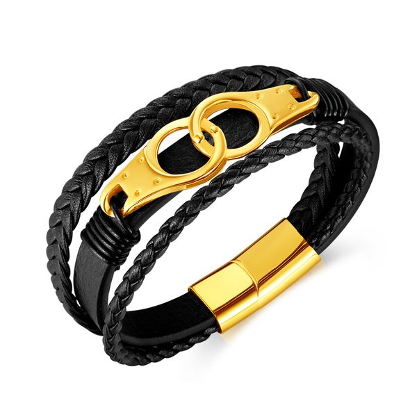 Pulseira de algema de aço inoxidável de couro de corda tecida multicamadas masculina 12mm 8,26' n1565