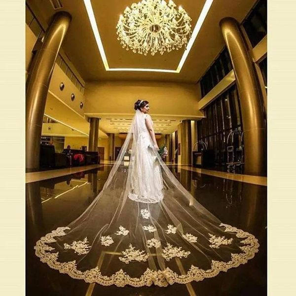 Véus de alta qualidade melhor venda elegante acessórios de luxo mantilla véu branco marfim casamento catedral véus renda borda véu nupcial com pente